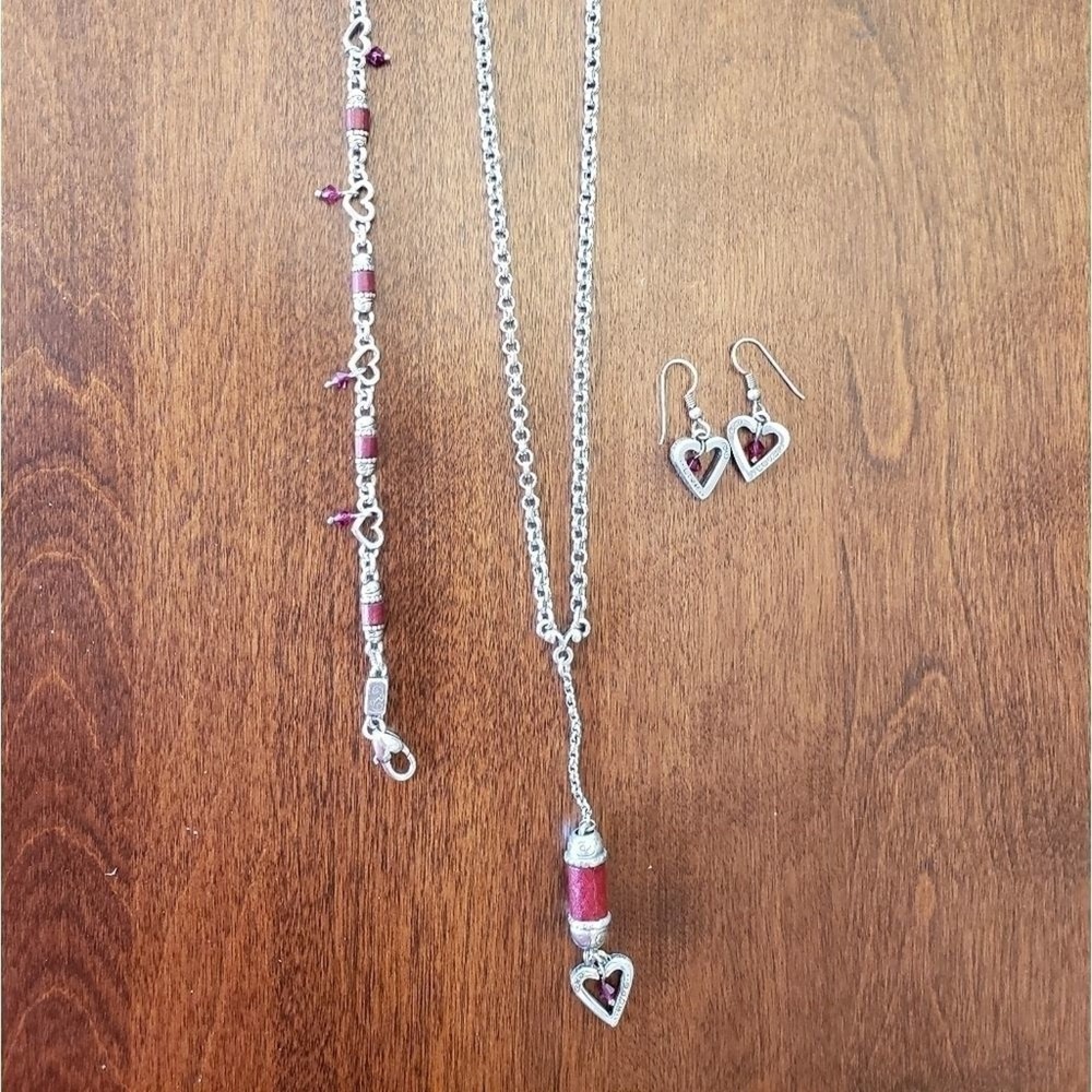 Brighton Silver Red Leather Heart Jewelry Set Necklace Bracelet Earrings Love